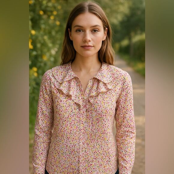 SMALL J. Crew Pink Ruffled Bib Cute Floral Button Down Blouse - Picture 1 of 9